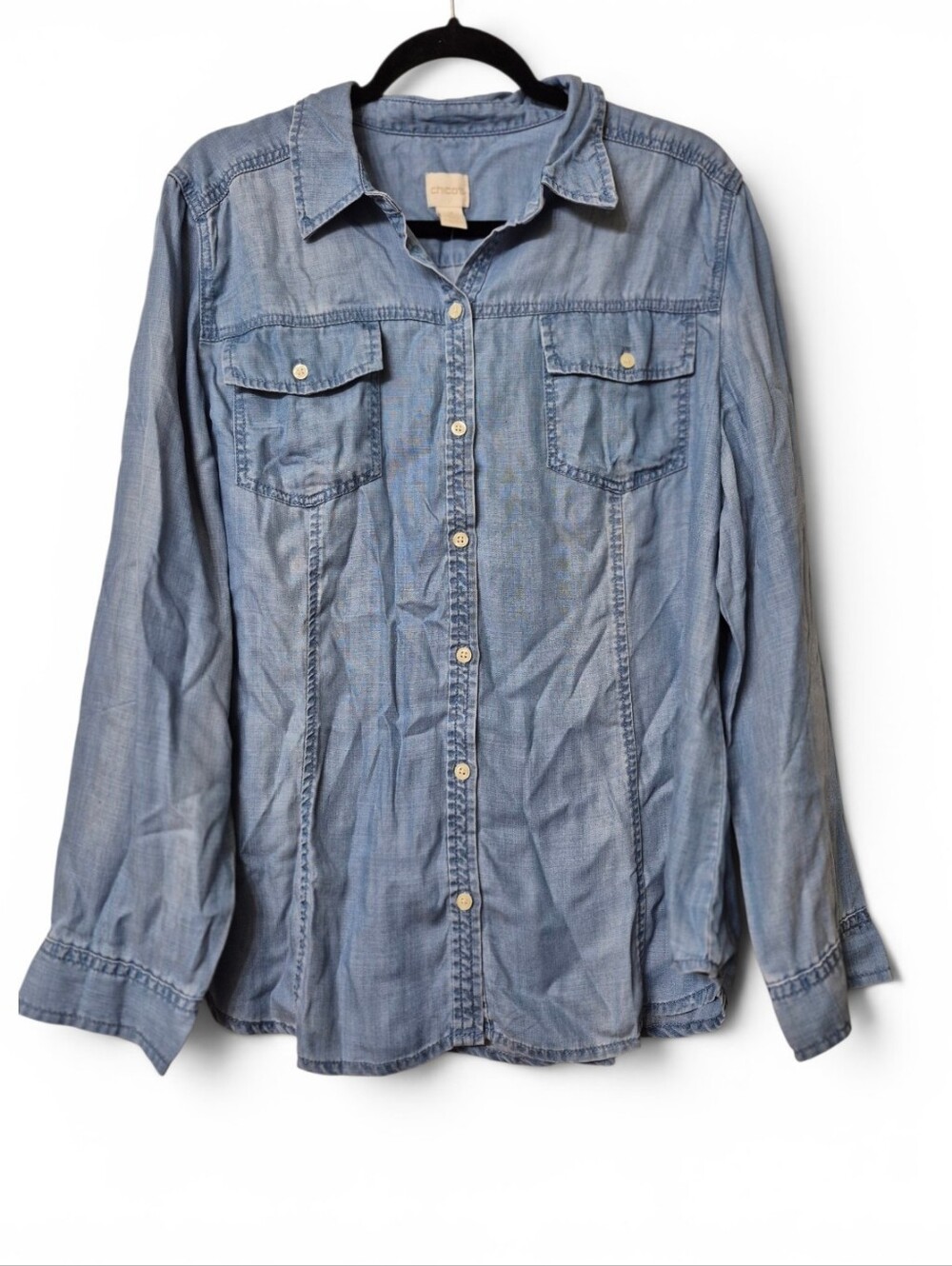 Chico's NWT Varigated Wash Blue Denim Button-Up Shirt Size 3